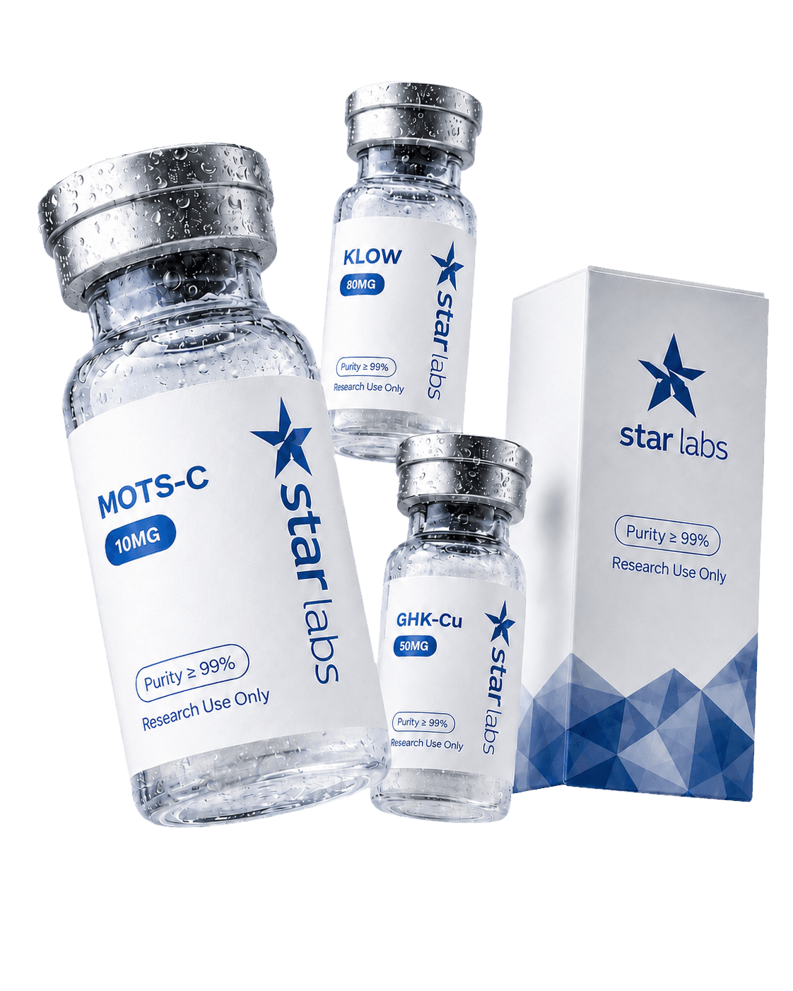 Star Labs research vials: MOTS-C, KLOW, and GHK-Cu with outer packaging