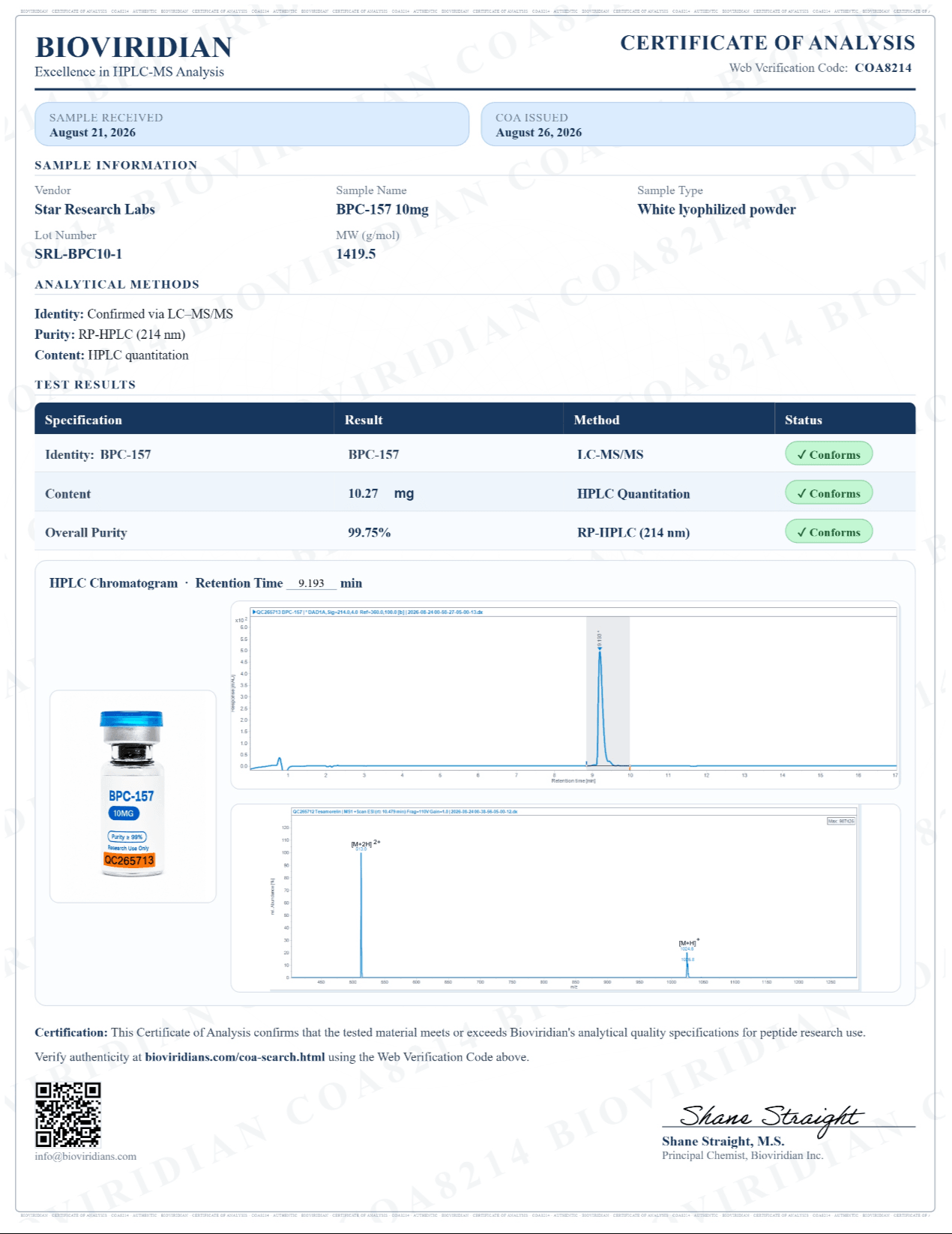 Certificate of Analysis for BPC-157, lot SRL-BPC10-1