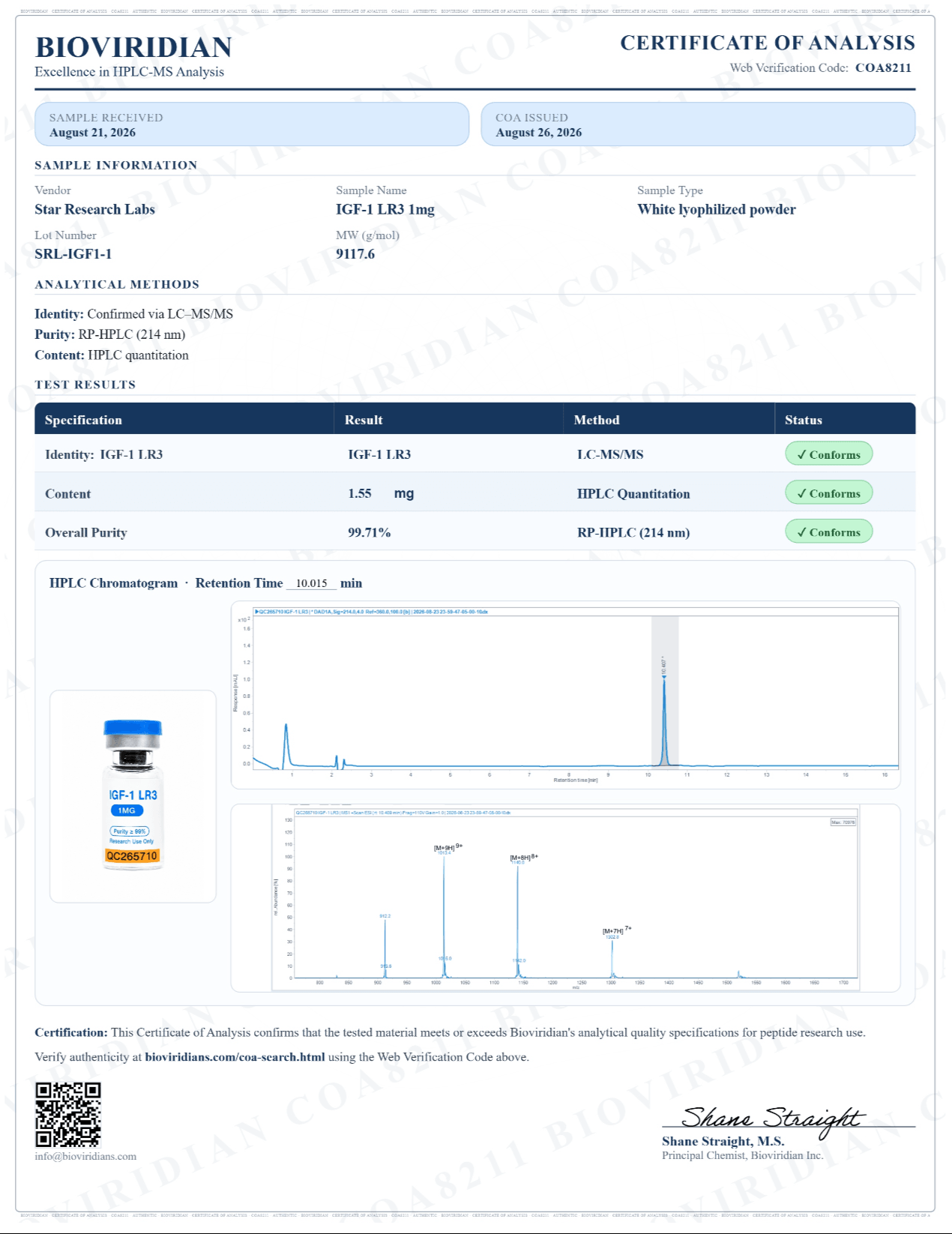 Certificate of Analysis for IGF-1 LR3, lot SRL-IGF1-1