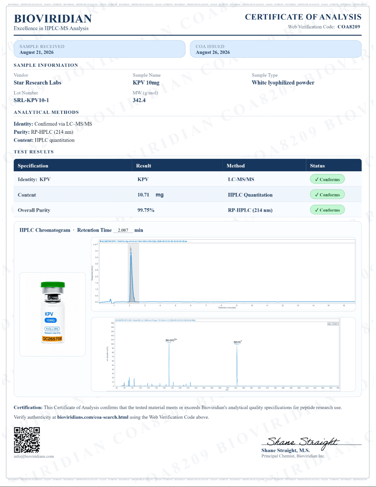Certificate of Analysis for KPV, lot SRL-KPV10-1